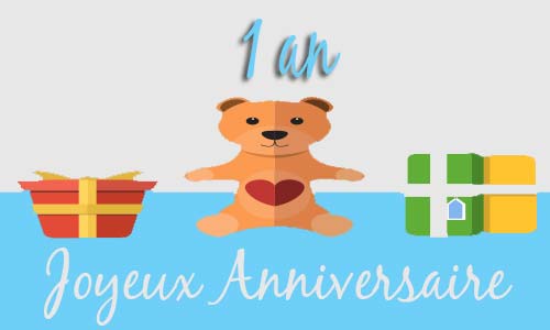 Carte anniversaire enfant 1 an peluche coeur