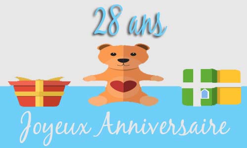 Carte anniversaire enfant 28 ans peluche coeur