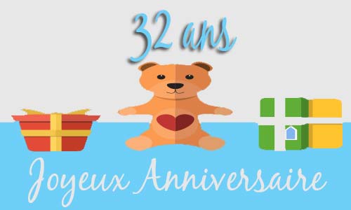 Carte anniversaire enfant 32 ans peluche coeur