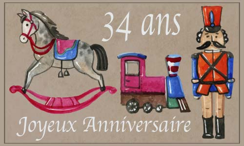 Carte anniversaire enfant 34 ans cheval train soldat