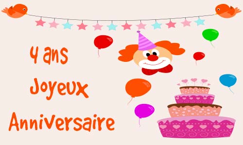 Carte anniversaire enfant 4 ans clown oiseau