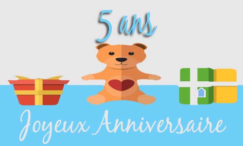 Carte anniversaire enfant 5 ans peluche coeur
