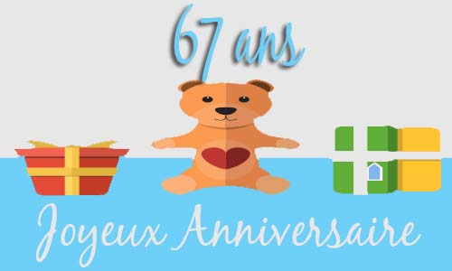 Carte anniversaire enfant 67 ans peluche coeur